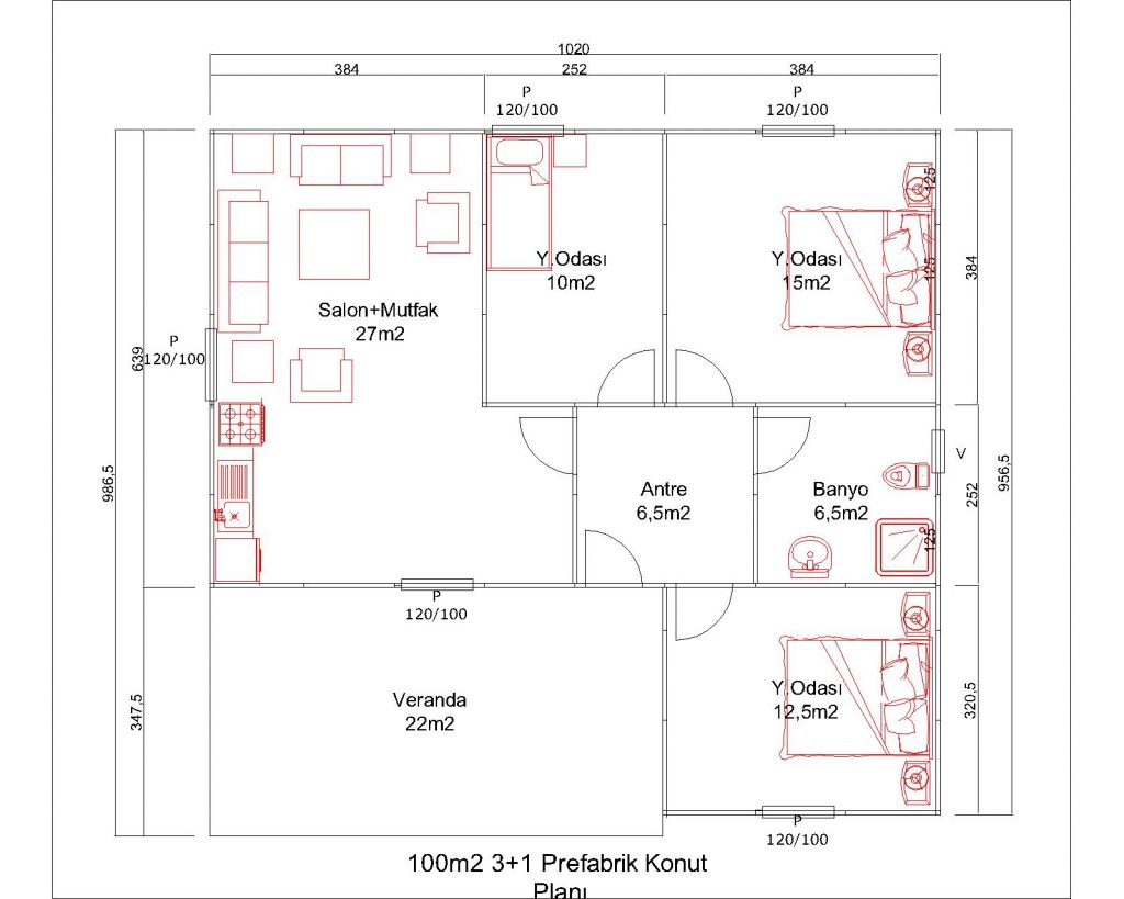 100m2 3+1 Tekkatlı Prefabrik Konut Planı Prefabrik Yapı Merkezi